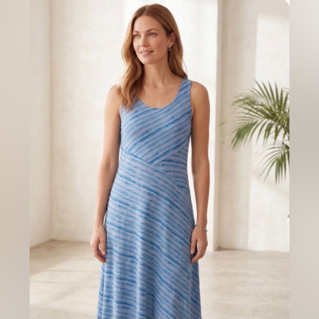 Cut Loose Blue Purple Stripe Linen Blend Casual Boho Lagenlook Beachy Dress Sm